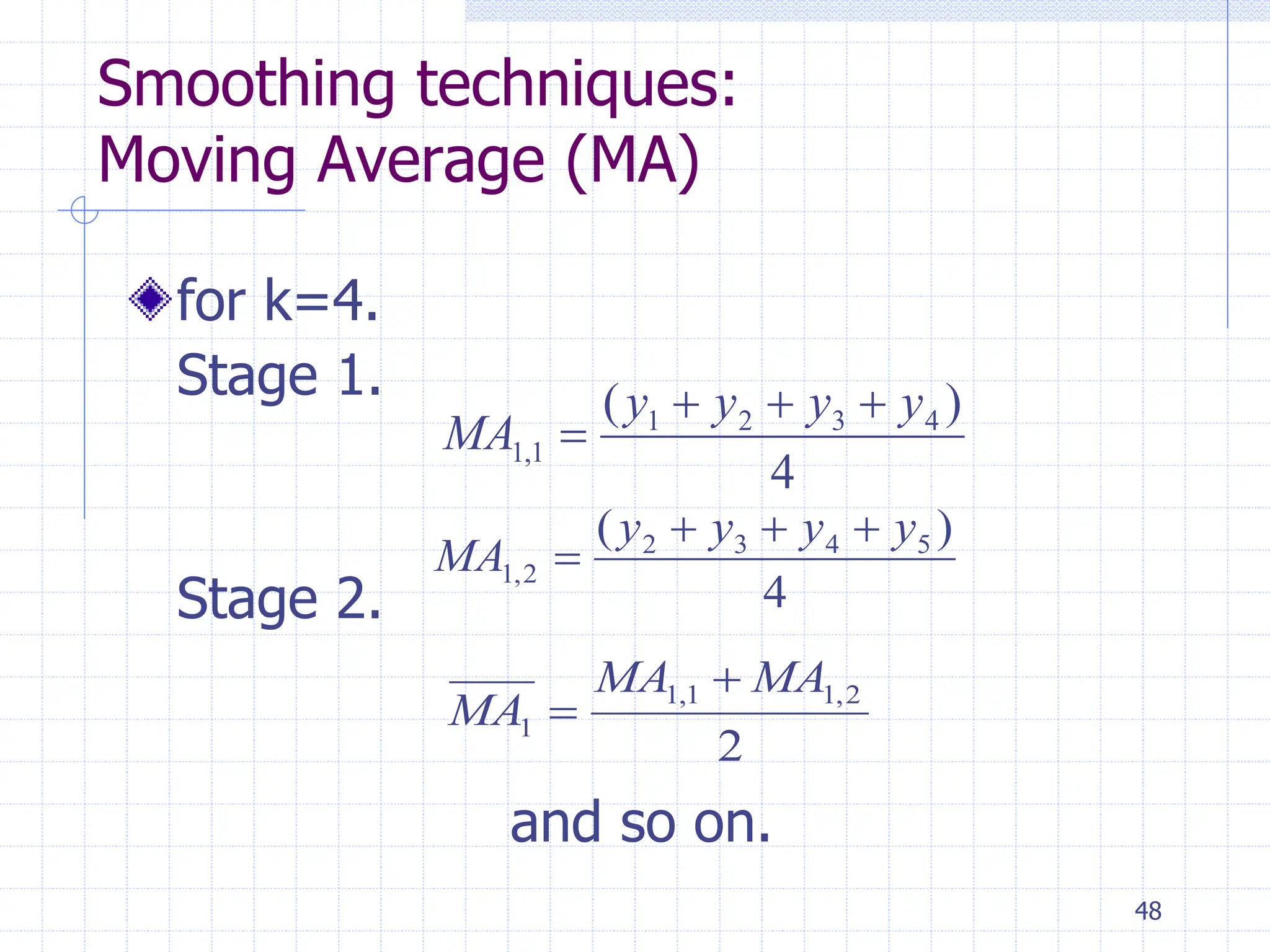 48
Smoothing techniques:
Moving Average (MA)
for k=4.
Stage 1.
Stage 2.
and so on.
4
)
( 4
3
2
1
1
,
1
y
y
y
y
MA




4
)
( 5
4
3
2
2
,
1
y
y
y
y
MA




2
2
,
1
1
,
1
1
MA
MA
MA


 