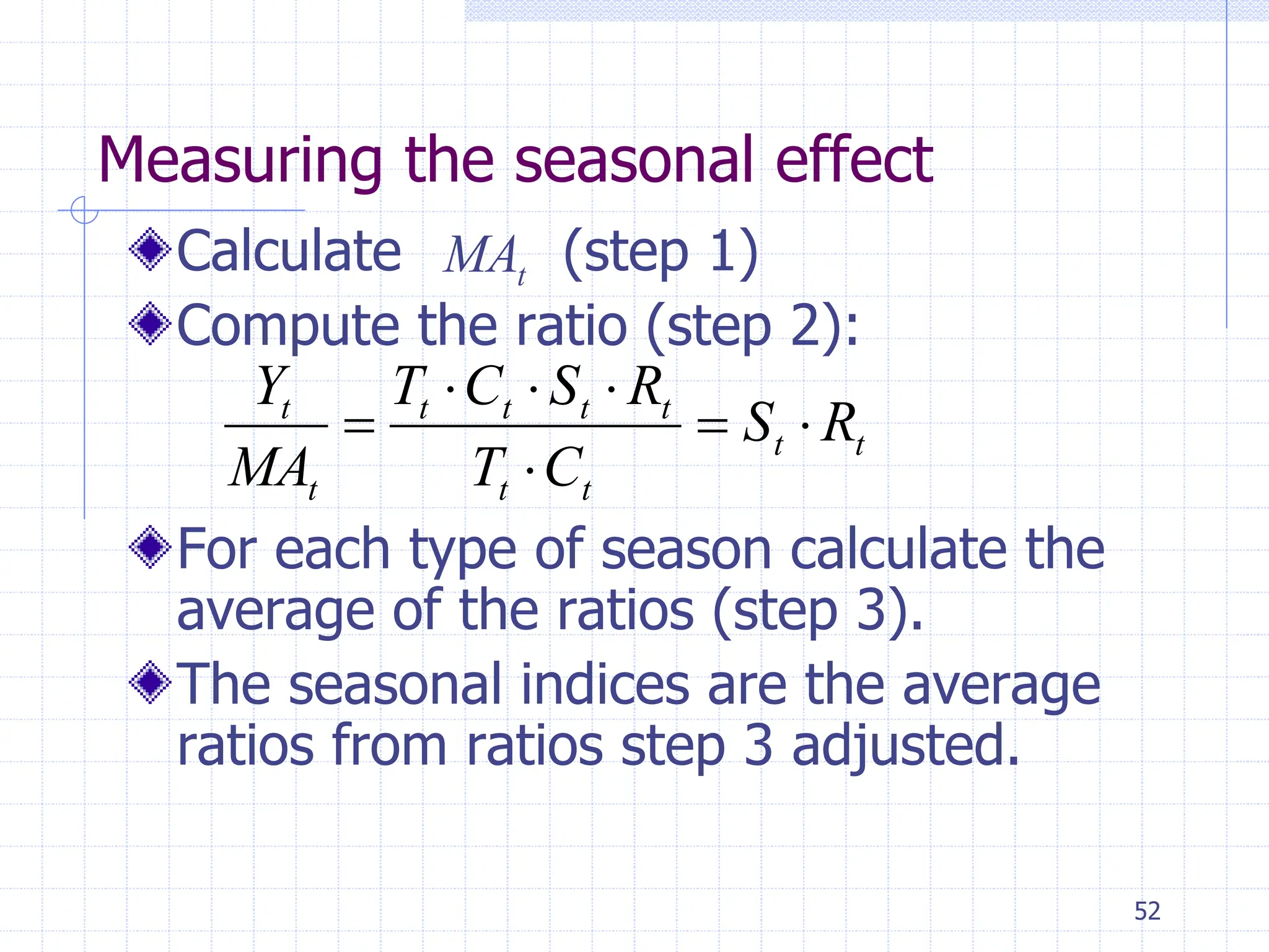 52
Measuring the seasonal effect
Calculate (step 1)
Compute the ratio (step 2):
For each type of season calculate the
average of the ratios (step 3).
The seasonal indices are the average
ratios from ratios step 3 adjusted.
t
t
t
t
t
t
t
t
t
t
R
S
C
T
R
S
C
T
MA
Y







t
MA
 