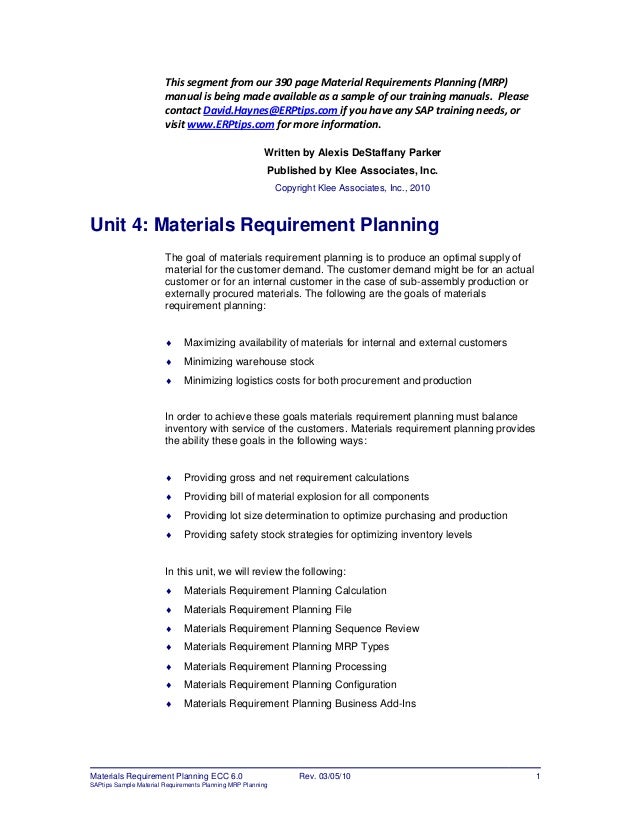 Er Ptips Material Requirements Planning