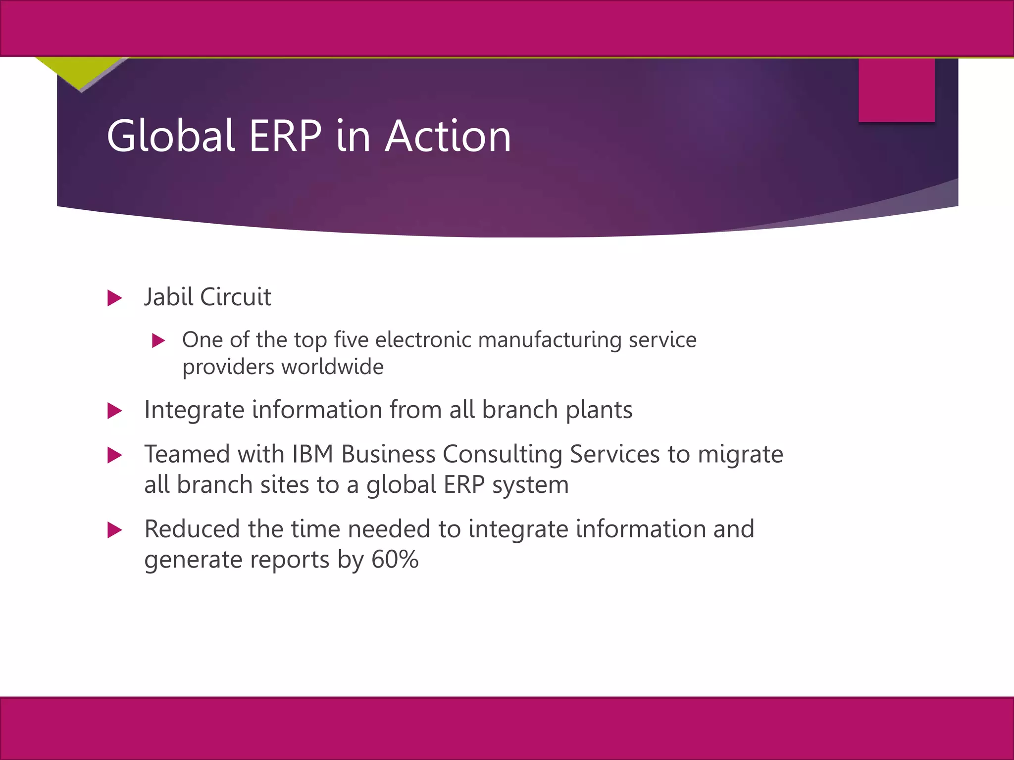 38
MIS, Chapter 11
©2011 Course Technology, a part of Cengage Learning
Chapter 11 Enterprise Systems
Global ERP in Action
 Jabil Circuit
 One of the top five electronic manufacturing service
providers worldwide
 Integrate information from all branch plants
 Teamed with IBM Business Consulting Services to migrate
all branch sites to a global ERP system
 Reduced the time needed to integrate information and
generate reports by 60%
 