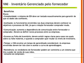 VMI – Inventário Gerenciado pelo fornecedor Benefícios Reforça a parceria entre as empresas. Redução dos tempos na cadeia de suprimento. Melhor atendimento ao cliente final, ao ter melhor disponibilidade do material em inventário. Melhor timing das ordens de compras. Estabilidade no inventário e menor risco de falta de materiais. Redução do custo de emissão e processamento de pedidos. Crescimento do nível de serviço. Pode manter o foco no serviço ao cliente final. Melhor previsão da demanda, já que tem acesso a dados detalhados de inventário e consumo do comprador. Riscos Complexidade: o sistema de EDI deve ser testado exaustivamente para garantir de que os dados são confiáveis. Aceitação: os funcionários envolvidos nas duas empresas devem conhecer os objetivos e processos do VMI, já que a relação fornecedor-comprador muda. Comunicação: aumenta a dependência de comunicação entre fornecedor e comprador. Devem-se definir novos processos entre as empresas. Excesso ou Falta de Inventário: devem existir regras claras para casos nos quais sobre ou falte material, e quando o comprador quer mudar os níveis de inventário. Tempo: o VMI envolve um tempo de aprendizado considerável. As empresas envolvidas devem ter isto claro e aceitar a curva de aprendizagem. Resistência: os vendedores do fornecedor podem ser contrários a um sistema que tira o poder de venda de suas mãos. 