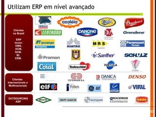 Utilizam ERP em nível avançado Clientes  Internacionais e Multinacionais OUTSOURCING ASP 12 Clientes no Brasil ERP Inclui: EMS, HCM, SCM,  BI,  CRM.  