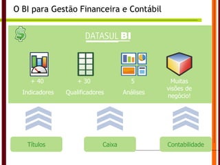 O BI para Gestão Financeira e Contábil + 40  Indicadores + 30  Qualificadores 5  Análises Muitas visões de negócio! Títulos Caixa Contabilidade 