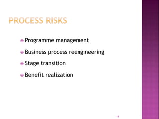  Programme management
 Business process reengineering
 Stage transition
 Benefit realization
19
 