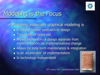 Modeling is the Focus
 Modeling, especially graphical modeling is
 A natural human approach to design
 Thousands of years old
 Allows expression of design separate from
implementation, as implementations change
 Allows for long-term maintenance & integration
 Is an accelerator of implementation
 Is technology-independent
18th century B.C. multiplication table
 