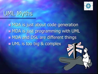 UML Myths
 MDA is just about code generation
 MDA is just programming with UML
 MDA and DSL are different things
 UML is too big & complex
 