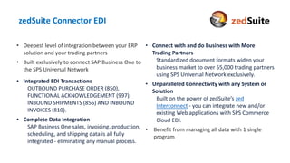 ___________________________________________________________________________________________________________________________
Seamless EDI Integration
• Deepest level of integration between your ERP
solution and your trading partners
• Built exclusively to connect SAP Business One to
the SPS Universal Network
• Integrated EDI Transactions
OUTBOUND PURCHASE ORDER (850),
FUNCTIONAL ACKNOWLEDGEMENT (997),
INBOUND SHIPMENTS (856) AND INBOUND
INVOICES (810).
• Complete Data Integration
SAP Business One sales, invoicing, production,
scheduling, and shipping data is all fully
integrated - eliminating any manual process.
• Connect with and do Business with More
Trading Partners
Standardized document formats widen your
business market to over 55,000 trading partners
using SPS Universal Network exclusively.
• Unparalleled Connectivity with any System or
Solution
Built on the power of zedSuite’s zed
Interconnect - you can integrate new and/or
existing Web applications with SPS Commerce
Cloud EDI.
• Benefit from managing all data with 1 single
program
zedSuite Connector EDI
 