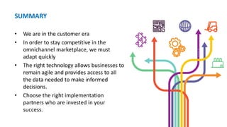 SUMMARY
• We are in the customer era
• In order to stay competitive in the
omnichannel marketplace, we must
adapt quickly
• The right technology allows businesses to
remain agile and provides access to all
the data needed to make informed
decisions.
• Choose the right implementation
partners who are invested in your
success.
 