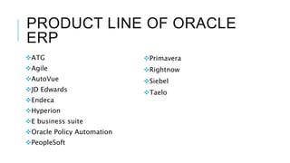 PRODUCT LINE OF ORACLE
ERP
ATG
Agile
AutoVue
JD Edwards
Endeca
Hyperion
E business suite
Oracle Policy Automation
PeopleSoft
Primavera
Rightnow
Siebel
Taelo
 