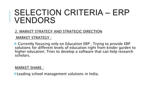 SELECTION CRITERIA – ERP
VENDORS
2. MARKET STRATEGY AND STRATEGIC DIRECTION
MARKET STRATEGY :
 Currently focusing only on Education ERP ; Trying to provide ERP
solutions for different levels of education right from kinder garden to
higher education; Tries to develop a software that can help research
scholars.
MARKET SHARE :
Leading school management solutions in India.
 