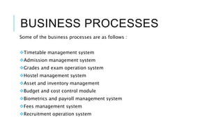 BUSINESS PROCESSES
Some of the business processes are as follows :
Timetable management system
Admission management system
Grades and exam operation system
Hostel management system
Asset and inventory management
Budget and cost control module
Biometrics and payroll management system
Fees management system
Recruitment operation system
 