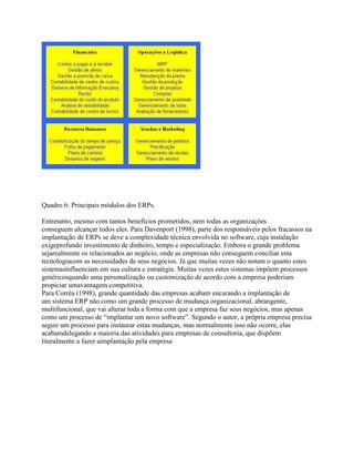 Quadro 6: Principais módulos dos ERPs.
Entretanto, mesmo com tantos benefícios prometidos, nem todas as organizações
conseguem alcançar todos eles. Para Davenport (1998), parte dos responsáveis pelos fracassos na
implantação de ERPs se deve a complexidade técnica envolvida no software, cuja instalação
exigeprofundo investimento de dinheiro, tempo e especialização. Embora o grande problema
sejarealmente os relacionados ao negócio, onde as empresas não conseguem conciliar esta
tecnologiacom as necessidades de seus negócios. Já que muitas vezes não notam o quanto estes
sistemasinfluenciam em sua cultura e estratégia. Muitas vezes estes sistemas impõem processos
genéricosquando uma personalização ou customização de acordo com a empresa poderiam
propiciar umavantagem competitiva.
Para Corrêa (1998), grande quantidade das empresas acabam encarando a implantação de
um sistema ERP não como um grande processo de mudança organizacional, abrangente,
multifuncional, que vai alterar toda a forma com que a empresa faz seus negócios, mas apenas
como um processo de “implantar um novo software”. Segundo o autor, a própria empresa precisa
seguir um processo para instaurar estas mudanças, mas normalmente isso não ocorre, elas
acabamdelegando a maioria das atividades para empresas de consultoria, que dispõem
literalmente a fazer aimplantação pela empresa

 