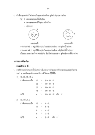 39
8. ถาเพื่อนทุกคนที่ตั้งใจเรียนจะไมคุยระหวางเรียน สุภิตาไมคุยระหวางเรียน
ให A แทนเซตของคนที่ตั้งใจเรียน
B แทนเซตของคนที่ไมคุยระหวางเรียน
c แทนสุภิตา
แผนภาพที่ 1 แผนภาพที่ 2
จากแผนภาพที่ 1 สรุปไดวา สุภิตาไมคุยระหวางเรียน และสุภิตาตั้งใจเรียน
จากแผนภาพที่ 2 สรุปไดวา สุภิตาไมคุยระหวางเรียน แตสุภิตาไมตั้งใจเรียน
เนื่องจาก แผนภาพทั้งสองขัดแยงกัน จึงไมสามารถสรุปวา สุภิตาเปนคนที่ตั้งใจเรียน
เฉลยแบบฝกหัด
แบบฝกหัด 2.1
1. การใหเหตุผลในคําตอบที่ไดแสดงไวเปนเพียงตัวอยางของการใหเหตุผลแบบอุปนัยในการ
หาคา a อาจมีเหตุผลอื่นนอกเหนือจากที่ไดแสดงไวไดอีก
1) 12, 22, 32, 42, a
จากจํานวนแรกคือ 12 = (1 × 10) + 2
22 = (2 × 10) + 2
32 = (3 × 10) + 2
42 = (4 × 10) + 2
จะได a = (5 × 10) + 2 หรือ 52
2) 12, 10, 8, 6, a
จากจํานวนแรกคือ 12 = 6 × 2
10 = 5 × 2
8 = 4 × 2
6 = 3 × 2
จะได a = 2 × 2 หรือ 4
A
B
c•
A
B
c•
 