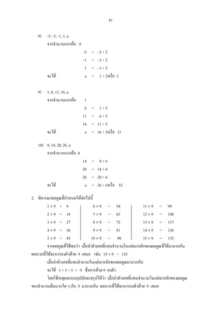 41
8) -5, -3, -1, 1, a
จากจํานวนแรกคือ -5
-3 = –5 + 2
-1 = –3 + 2
1 = –1 + 2
จะได a = 1 + 2หรือ 3
9) 1, 6, 11, 16, a
จากจํานวนแรกคือ 1
6 = 1 + 5
11 = 6 + 5
16 = 11 + 5
จะได a = 16 + 5หรือ 21
10) 8, 14, 20, 26, a
จากจํานวนแรกคือ 8
14 = 8 + 6
20 = 14 + 6
26 = 20 + 6
จะได a = 26 + 6หรือ 32
2. พิจารณาผลคูณที่กําหนดใหตอไปนี้
1 × 9 = 9 6 × 9 = 54 11 × 9 = 99
2 × 9 = 18 7 × 9 = 63 12 × 9 = 108
3 × 9 = 27 8 × 9 = 72 13 × 9 = 117
4 × 9 = 36 9 × 9 = 81 14 × 9 = 126
5 × 9 = 45 10 × 9 = 90 15 × 9 = 135
จากผลคูณที่ไดพบวา เมื่อนําตัวเลขที่แทนจํานวนในแตละหลักของผลคูณที่ไดมาบวกกัน
ผลบวกที่ไดจะหารลงตัวดวย 9 เสมอ เชน 15 × 9 = 135
เมื่อนําตัวเลขที่แทนจํานวนในแตละหลักของผลคูณมาบวกกัน
จะได 1 + 3 + 5 = 9 ซึ่งหารดวย 9 ลงตัว
โดยใชเหตุผลแบบอุปนัยจะสรุปไดวา เมื่อนําตัวเลขที่แทนจํานวนในแตละหลักของผลคูณ
ของจํานวนเต็มบวกใด ๆ กับ 9 มาบวกกัน ผลบวกที่ไดจะหารลงตัวดวย 9 เสมอ
 