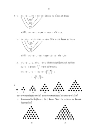 45
7. 1) 2 + 4 + 6 + … + 96 + 98 + 100 มีจํานวน 102 ทั้งหมด 25 จํานวน
102
102
102
จะไดวา 2 + 4 + 6 + … + 1,000 = 102 × 25 หรือ 2,550
2) 1 + 2 + 3 + … + 122 + 123 + 124 + 125 มีจํานวน 125 ทั้งหมด 62 จํานวน
125
125
125
จะไดวา 1 + 2 + 3 + ... + 125 = (125 × 62) + 125 หรือ 7,875
3) 1 + 2 + 3 + ... + (n – 1) + n เมื่อ n เปนจํานวนนับที่เปนจํานวนคี่ จะเทากับ
[(n – 1) + 1] บวกกัน
2
1n −
จํานวน แลวบวกกับ n
1 + 2 + 3 + ... + n = [(n – 1) + 1] ⎟
⎠
⎞
⎜
⎝
⎛ −
2
1n
+ n
= ⎟
⎠
⎞
⎜
⎝
⎛ −
2
1n
n + n
8.
1 3 6 10 15 21
จากจํานวนสามเหลี่ยมที่กําหนดให จะหาจํานวนสามเหลี่ยมถัดไปอีกสองจํานวนไดดังนี้
1) จํานวนสามเหลี่ยมที่อยูถัดจาก 21 อีก 2 จํานวน ไดแก จํานวน 28 และ 36 ซึ่งแสดง
ดวยภาพไดดังนี้
28 36
 
