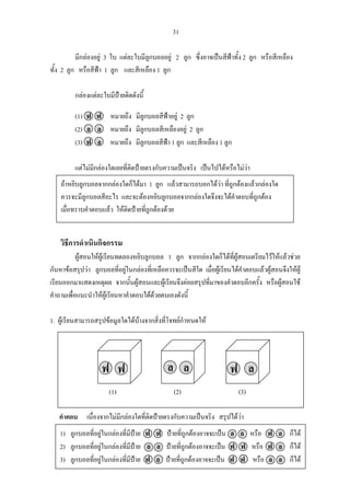 31
1) ลูกบอลที่อยูในกลองที่มีปาย ฟ ฟ ปายที่ถูกตองอาจจะเปน ล ล หรือ ฟ ล ก็ได
2) ลูกบอลที่อยูในกลองที่มีปาย ล ล ปายที่ถูกตองอาจจะเปน ฟ ฟ หรือ ฟ ล ก็ได
3) ลูกบอลที่อยูในกลองที่มีปาย ฟ ล ปายที่ถูกตองอาจจะเปน ฟ ฟ หรือ ล ล ก็ได
มีกลองอยู 3 ใบ แตละใบมีลูกบอลอยู 2 ลูก ซึ่งอาจเปนสีฟาทั้ง 2 ลูก หรือสีเหลือง
ทั้ง 2 ลูก หรือสีฟา 1 ลูก และสีเหลือง 1 ลูก
กลองแตละใบมีปายติดดังนี้
(1) ฟ ฟ หมายถึง มีลูกบอลสีฟาอยู 2 ลูก
(2) ล ล หมายถึง มีลูกบอลสีเหลืองอยู 2 ลูก
(3) ฟ ล หมายถึง มีลูกบอลสีฟา 1 ลูก และสีเหลือง 1 ลูก
แตไมมีกลองใดเลยที่ติดปายตรงกับความเปนจริง เปนไปไดหรือไมวา
วิธีการดําเนินกิจกรรม
ผูสอนใหผูเรียนทดลองหยิบลูกบอล 1 ลูก จากกลองใดก็ไดที่ผูสอนเตรียมไวใหแลวชวย
กันหาขอสรุปวา ลูกบอลที่อยูในกลองที่เหลือควรจะเปนสีใด เมื่อผูเรียนไดคําตอบแลวผูสอนจึงใหผู
เรียนออกมาแสดงเหตุผล จากนั้นผูสอนและผูเรียนจึงคอยสรุปที่มาของคําตอบอีกครั้ง หรือผูสอนใช
คําถามเพื่อแนะนําใหผูเรียนหาคําตอบไดดวยตนเองดังนี้
1. ผูเรียนสามารถสรุปขอมูลใดไดบางจากสิ่งที่โจทยกําหนดให
คําตอบ เนื่องจากไมมีกลองใดที่ติดปายตรงกับความเปนจริง สรุปไดวา
ถาหยิบลูกบอลจากกลองใดก็ไดมา 1 ลูก แลวสามารถบอกไดวา ที่ถูกตองแลวกลองใด
ควรจะมีลูกบอลสีอะไร และจะตองหยิบลูกบอลจากกลองใดจึงจะไดคําตอบที่ถูกตอง
เมื่อทราบคําตอบแลว ใหติดปายที่ถูกตองดวย
(1) (2) (3)
ฟ ลฟ ล ฟ ล
 
