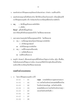 35
4. จงยกตัวอยางการใหเหตุผลแบบอุปนัยและนิรนัยมาอยางละ 1 ตัวอยาง ตามที่ทานเขาใจ
5. จงยกตัวอยางเหตุการณในชีวิตประจําวัน ที่ทําใหทานหรือคนในครอบครัว หรือคนรูจักเคยใช
การใหเหตุผลแบบอุปนัย หรือ นิรนัยมาชวยในการหาขอสรุปเพื่อชวยในการตัดสินใจ
6. เหตุ 1. สัตวเลี้ยงลูกดวยนมบางชนิดไมมีขา
2. งูไมมีขา
ขอสรุป งูเปนสัตวเลี้ยงลูกดวยนม
จงหาวาขอสรุปขางตนสมเหตุสมผลหรือไม โดยใชแผนภาพแทนเซต
7. จงตรวจสอบวาผลสรุปตอไปนี้สมเหตุสมผลหรือไม โดยใชแผนภาพ
1) เหตุ 1. คนที่ชอบดูภาพยนตรทุกคนไมชอบดูการแขงขันกีฬา
2. อภิรดีชอบดูภาพยนตร
ผล อภิรดีไมชอบดูการแขงขันกีฬา
2) เหตุ 1. คนที่คาขายทุกคนเปนคนขยัน
2. คนที่ขยันเปนคนรวย
ผล คนที่คาขายเปนคนรวย
8. สมมติวา ทานพบวา เพื่อนของทานทุกคนที่ตั้งใจเรียนจะไมคุยระหวางเรียน สุภิตา เปนเพื่อน
ในชั้นเรียนของทานที่ไมคุยระหวางเรียน ทานจะสรุปไดหรือไมวาสุภิตาเปนคนตั้งใจเรียน
จงอธิบายวิธีการหาขอสรุปโดยใชแผนภาพแทนเซต
เฉลยตัวอยางแบบทดสอบ
1. 1) โดยการใชเหตุผลแบบอุปนัย จะได
11 × 11 = 121 เหตุผล จากผลลัพธของการคูณของสามสมการ
11 × 12 = 132 แรก เลขโดดในหลักหนวยของผลลัพธคือเลขโดด
11 × 13 = 143 ในหลักหนวยของตัวคูณ เลขโดดในหลักสิบ
11 × 14 = 154 ของผลลัพธจะมากกวาเลขโดดในหลักหนวยอยู 1
11 × 15 = 165 และเลขโดดในหลักรอยคือ 1
11 × 16 = 176
11 × 17 = 187
11 × 18 = 198
 