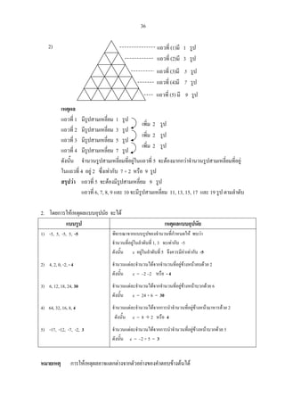 36
2)
เหตุผล
แถวที่ 1 มีรูปสามเหลี่ยม 1 รูป
แถวที่ 2 มีรูปสามเหลี่ยม 3 รูป
แถวที่ 3 มีรูปสามเหลี่ยม 5 รูป
แถวที่ 4 มีรูปสามเหลี่ยม 7 รูป
ดังนั้น จํานวนรูปสามเหลี่ยมที่อยูในแถวที่ 5 จะตองมากกวาจํานวนรูปสามเหลี่ยมที่อยู
ในแถวที่ 4 อยู 2 ซึ่งเทากับ 7 + 2 หรือ 9 รูป
สรุปวา แถวที่ 5 จะตองมีรูปสามเหลี่ยม 9 รูป
แถวที่ 6, 7, 8, 9 และ 10 จะมีรูปสามเหลี่ยม 11, 13, 15, 17 และ 19 รูป ตามลําดับ
2. โดยการใหเหตุผลแบบอุปนัย จะได
แบบรูป เหตุผลแบบอุปนัย
1) -5, 5, -5, 5, -5
2) 4, 2, 0, -2, - 4
3) 6, 12, 18, 24, 30
4) 64, 32, 16, 8, 4
5) -17, -12, -7, -2, 3
พิจารณาจากแบบรูปของจํานวนที่กําหนดให พบวา
จํานวนที่อยูในลําดับที่ 1, 3 จะเทากับ -5
ดังนั้น c อยูในลําดับที่ 5 จึงควรมีคาเทากับ -5
จํานวนแตละจํานวนไดจากจํานวนที่อยูขางหนาลบดวย 2
ดังนั้น c = –2 –2 หรือ - 4
จํานวนแตละจํานวนไดจากจํานวนที่อยูขางหนาบวกดวย 6
ดังนั้น c = 24 + 6 = 30
จํานวนแตละจํานวนไดจากการนําจํานวนที่อยูขางหนามาหารดวย 2
ดังนั้น c = 8 ÷ 2 หรือ 4
จํานวนแตละจํานวนไดจากการนําจํานวนที่อยูขางหนาบวกดวย 5
ดังนั้น c = –2 + 5 = 3
หมายเหตุ การใหเหตุผลอาจแตกตางจากตัวอยางของคําตอบขางตนได
แถวที่ (1)มี 1 รูป
แถวที่ (2)มี 3 รูป
แถวที่ (3)มี 5 รูป
แถวที่ (4)มี 7 รูป
แถวที่ (5) มี 9 รูป
เพิ่ม 2 รูป
เพิ่ม 2 รูป
เพิ่ม 2 รูป
 