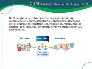 CRM  (Customer RelationShip Management) Es el conjunto de estrategias de negocio, marketing, comunicación e infraestructuras tecnológicas, diseñadas con el objetivo de construir una relación duradera con los clientes, identificando, comprendiendo y satisfaciendo sus necesidades. 