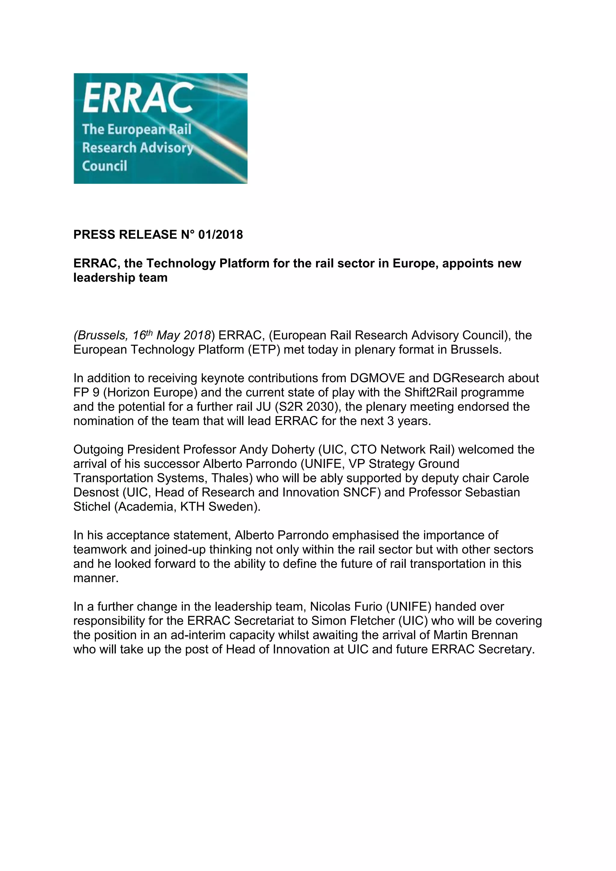 ERRAC, the Technology Platform for the rail sector in Europe, appoints ...