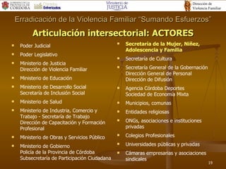 Articulación intersectorial: ACTORES Poder Judicial  Poder Legislativo Ministerio de Justicia Dirección de Violencia Familiar Ministerio de Educación Ministerio de Desarrollo Social Secretaría de Inclusión Social Ministerio de Salud  Ministerio de Industria, Comercio y Trabajo - Secretaría de Trabajo Dirección de Capacitación y Formación Profesional Ministerio de Obras y Servicios Público Ministerio de Gobierno Policía de la Provincia de Córdoba Subsecretaría de Participación Ciudadana Secretaría de la Mujer, Niñez, Adolescencia y Familia Secretaría de Cultura Secretaría General de la Gobernación Dirección General de Personal  Dirección de Difusión Agencia Córdoba Deportes Sociedad de Economía Mixta Municipios, comunas Entidades religiosas ONGs, asociaciones e instituciones privadas  Colegios Profesionales Universidades públicas y privadas Cámaras empresarias y asociaciones sindicales Erradicación de la Violencia Familiar “Sumando Esfuerzos” 