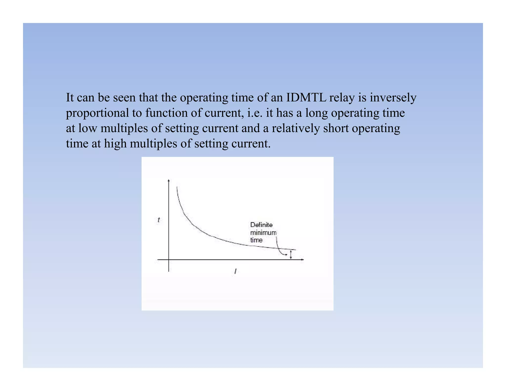 It can be seen that the operating time of an IDMTL relay is inversely
proportional to function of current, i.e. it has a long operating time
at low multiples of setting current and a relatively short operating
time at high multiples of setting current.
 