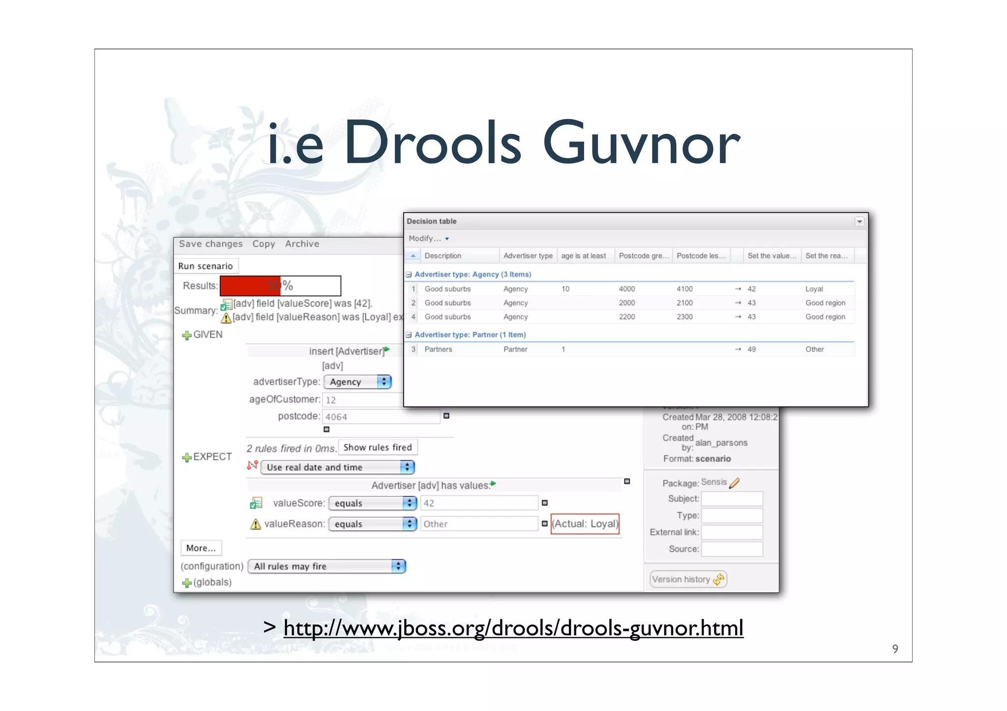 i.e Drools Guvnor




> http://www.jboss.org/drools/drools-guvnor.html
                                                   9
 