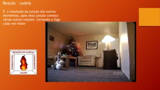 Reação cadeia
É o resultado da junção dos outros
elementos, após essa junção começa
várias outras reações tornando o fogo
cada vez maior
 