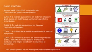 CLASSES DE INCÊNDIO
Segundo a NBR 12693/2010, os incêndios são
classificados em quatro classes diferente.
CLASSE A: É incêndio que acontece em materiais sólidos em
geral, ou seja em matérias que queimam em superfície e
profundidade.
CLASSE B: É o incêndio que acontece em líquidos e
combustíveis inflamáveis
CLASSE C: é incêndio que acontece em equipamentos elétricos
energizados .
CLASSE D: É o incêndio que ocorre em elementos pirofóricos,
ou seja, elementos metálicos capazes de entrar em
combustão pelo simples contato com o oxigênio do ar
atmosférico.
Obs. Todo equipamento elétrico desenergizado será considerado fogo classe A
 