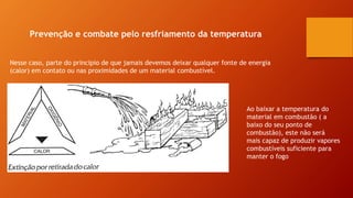 Prevenção e combate pelo resfriamento da temperatura
Nesse caso, parte do principio de que jamais devemos deixar qualquer fonte de energia
(calor) em contato ou nas proximidades de um material combustível.
Ao baixar a temperatura do
material em combustão ( a
baixo do seu ponto de
combustão), este não será
mais capaz de produzir vapores
combustíveis suficiente para
manter o fogo
 