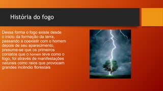 História do fogo
• Dessa forma o fogo existe desde
o inicio da formação da terra,
passando a coexistir com o homem
depois de seu aparecimento,
presume-se que os primeiros
contatos que o homem teve como o
fogo, foi através de manifestações
naturais como raios que provocam
grandes incêndio florestais
 