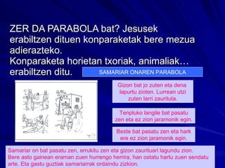 ZER DA PARABOLA bat? Jesusek erabiltzen dituen konparaketak bere mezua adierazteko.  Konparaketa horietan txoriak, animaliak… erabiltzen ditu. Gizon bat jo zuten eta dena  lapurtu zioten. Lurrean utzi zuten larri zaurituta. Beste bat pasatu zen eta hark ere ez zion jaramonik egin. Tenpluko langile bat pasatu zen eta ez zion jaramonik egin. Samariar on bat pasatu zen, errukitu zen eta gizon zaurituari lagundu zion. Bere asto gainean eraman zuen hurrengo herrira, han ostatu hartu zuen sendatu arte. Eta gastu guztiak samariarrak ordaindu zizkion. SAMARIAR ONAREN PARABOLA 