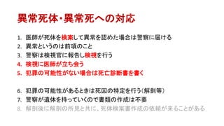 異常死体・異常死への対応
1. 医師が死体を検案して異常を認めた場合は警察に届ける
2. 異常というのは前項のこと
3. 警察は検視官に報告し検視を行う
4. 検視に医師が立ち会う
5. 犯罪の可能性がない場合は死亡診断書を書く
6. 犯罪の可能性があるときは死因の特定を行う（解剖等）
7. 警察が遺体を持っていくので書類の作成は不要
8. 解剖後に解剖の所見と共に、死体検案書作成の依頼が来ることがある
 