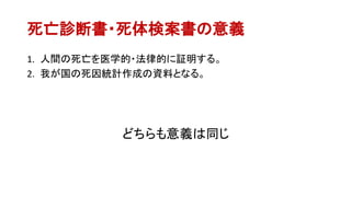 死亡診断書・死体検案書の意義
1. 人間の死亡を医学的・法律的に証明する。
2. 我が国の死因統計作成の資料となる。
どちらも意義は同じ
 