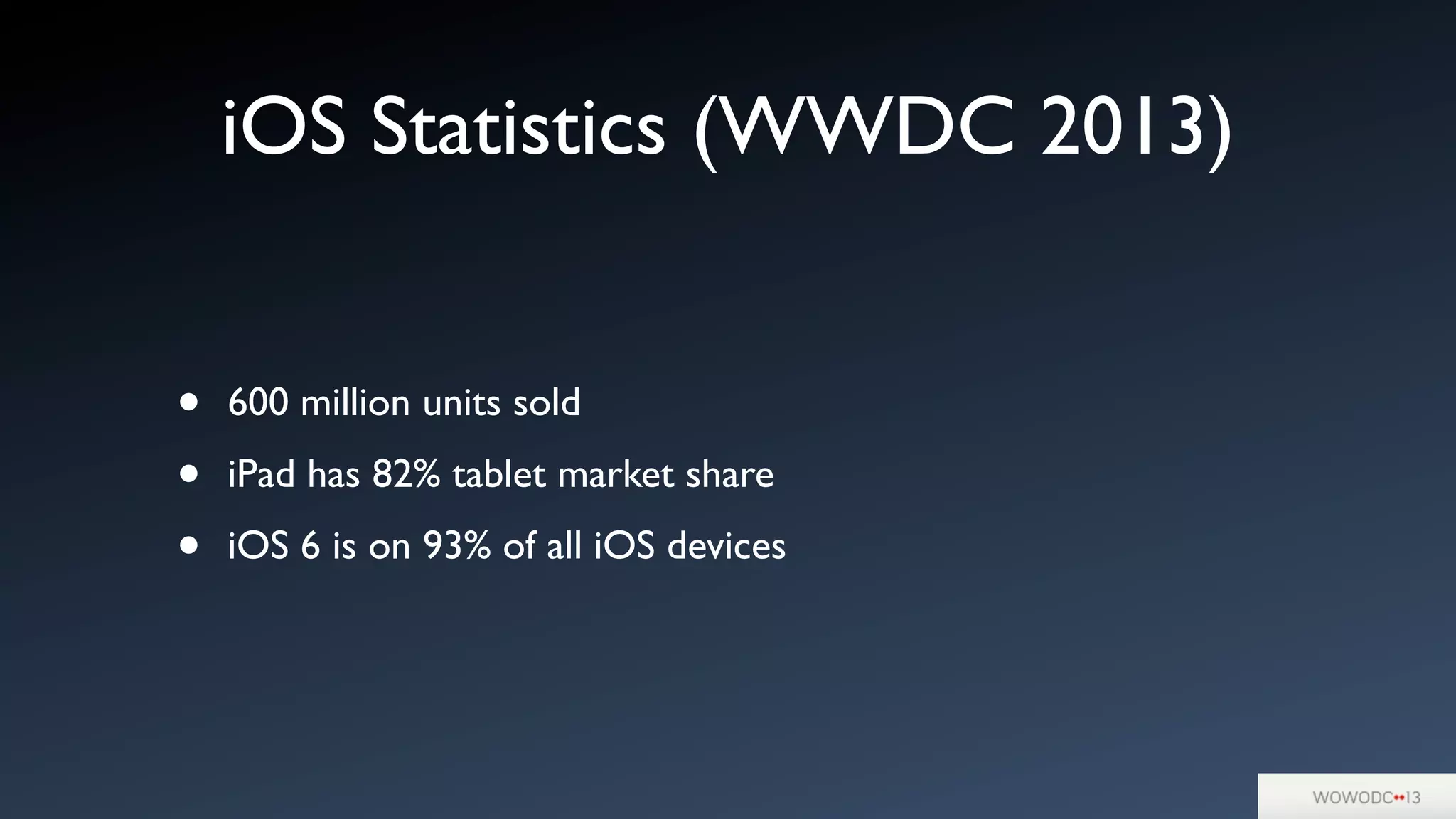 iOS Statistics (WWDC 2013)
• 600 million units sold
• iPad has 82% tablet market share
• iOS 6 is on 93% of all iOS devices
 