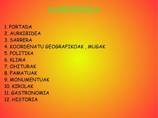 AURKIBIDEA 1. PORTADA 2. AURKIBIDEA 3. SARRERA 4. KOORDENATU GEOGRAFIKOAK , MUGAK 5. POLITIKA 6. KLIMA 7. OHITURAK  8. FAMATUAK  9. MONUMENTUAK  10. KIROLAK  11. GASTRONOMIA 12. HISTORIA 
