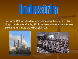 Erresuma Batuan dauden industria motak hauek dira: bur-
dingintza eta metalurgia, kimikoa, tresneria eta transforma-
ziokoa, ehungintza eta elikagaigintza.
 