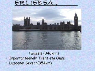 ERLIEBEA
        IBAIAK




            Tamesis (346km )
• Inportanteenak: Trent eta Ouse
• Luzeena: Severn(354km)
 