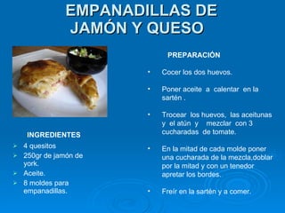 EMPANADILLAS DE JAMÓN Y QUESO     INGREDIENTES 4 quesitos 250gr de jamón de york. Aceite. 8 moldes para empanadillas. PREPARACIÓN Cocer los dos huevos. Poner aceite  a  calentar  en la sartén .  Trocear  los huevos,  las aceitunas y  el atún  y  mezclar  con 3  cucharadas  de tomate.  En la mitad de cada molde poner una cucharada de la mezcla,doblar por la mitad y con un tenedor apretar los bordes. Freír en la sartén y a comer. 