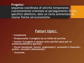 Progetto: 
sequenza coordinata di attività temporanee, 
coerentemente orientate al perseguimento di uno 
specifico obiettivo, dato un certo ammontare di 
risorse fisiche ed economiche 
Fattori tipici: 
Complessità 
Temporaneità: il progetto ha un inizio ed una fine 
Unicità: il progetto è sempre unico perché nasce per un 
problema/obiettivo specifico 
Vincoli (temporali, tecnici, organizzativi, economici e finanziari, 
politici, normativi,istituzionali). 
 Economie. 
 