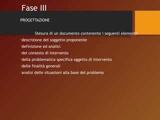 Fase III 
PROGETTAZIONE 
Stesura di un documento contenente i seguenti elementi: 
•descrizione del soggetto proponente 
•definizione ed analisi: 
•del contesto di intervento 
•della problematica specifica oggetto di intervento 
•delle finalità generali 
•analisi delle situazioni alla base del problema 
 