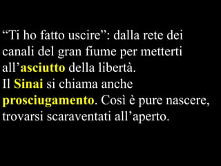 “Ti ho fatto uscire”: dalla rete dei
canali del gran fiume per metterti
all’asciutto della libertà.
Il Sinai si chiama anche
prosciugamento. Così è pure nascere,
trovarsi scaraventati all’aperto.

 