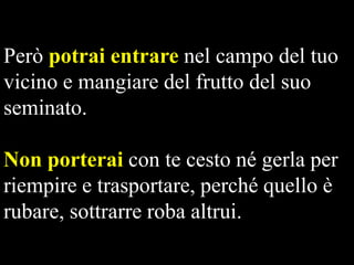 Però potrai entrare nel campo del tuo
vicino e mangiare del frutto del suo
seminato.

Non porterai con te cesto né gerla per
riempire e trasportare, perché quello è
rubare, sottrarre roba altrui.

 