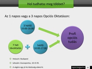 Hol tudhatsz meg többet?
13
Helyszín: Budapest
Létszám: kiscsoportos, 10-15 fő.
A végére egy jó kis közösség alakul ki.
3 hétfő
10:00-16:00
Az 1 napos vagy a 3 napos Opciós Oktatáson:
hétfő
10:00-17:00
Profi
opciós
tudás
7 hét
távoktatás
 