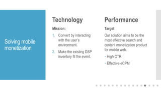 Solving mobile
monetization
Technology
Mission:
1. Convert by interacting
with the user’s
environment.
2. Make the existing DSP
inventory fit the event.
Performance
Target
Our solution aims to be the
most effective search and
content monetization product
for mobile web.
 High CTR
 Effective eCPM
 
