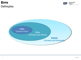 08/09/133
Erro
Definições
Falha
Universo Físico
Erro
Universo dos Dados
Defeito
Universo da Percepção
 