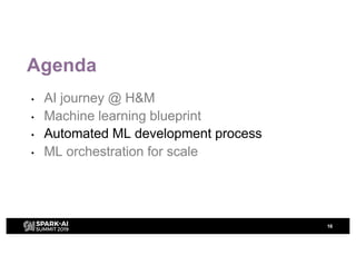 Agenda
• AI journey @ H&M
• Machine learning blueprint
• Automated ML development process
• ML orchestration for scale
16
 