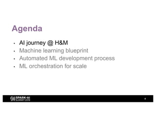 Agenda
• AI journey @ H&M
• Machine learning blueprint
• Automated ML development process
• ML orchestration for scale
4
 