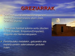 GREZIARRAKGREZIARRAK
• Greziarrak k.a VI.mendearen inguruanGreziarrak k.a VI.mendearen inguruan
kostalde mediterraneora etorri ziren,kostalde mediterraneora etorri ziren,
Greziatik etorritaGreziatik etorrita
• Greziarrek hainbat kolonia sortu zituzten:Greziarrek hainbat kolonia sortu zituzten:
RODE(Rosas), Emporion(Empuriez),RODE(Rosas), Emporion(Empuriez),
Sagunto eta Hemeroskopeion.Sagunto eta Hemeroskopeion.
• Penintsulako metalekin, gatzarekin etaPenintsulako metalekin, gatzarekin eta
espartzuarekin salerosketan jardutenespartzuarekin salerosketan jarduten
zuten.zuten.
 