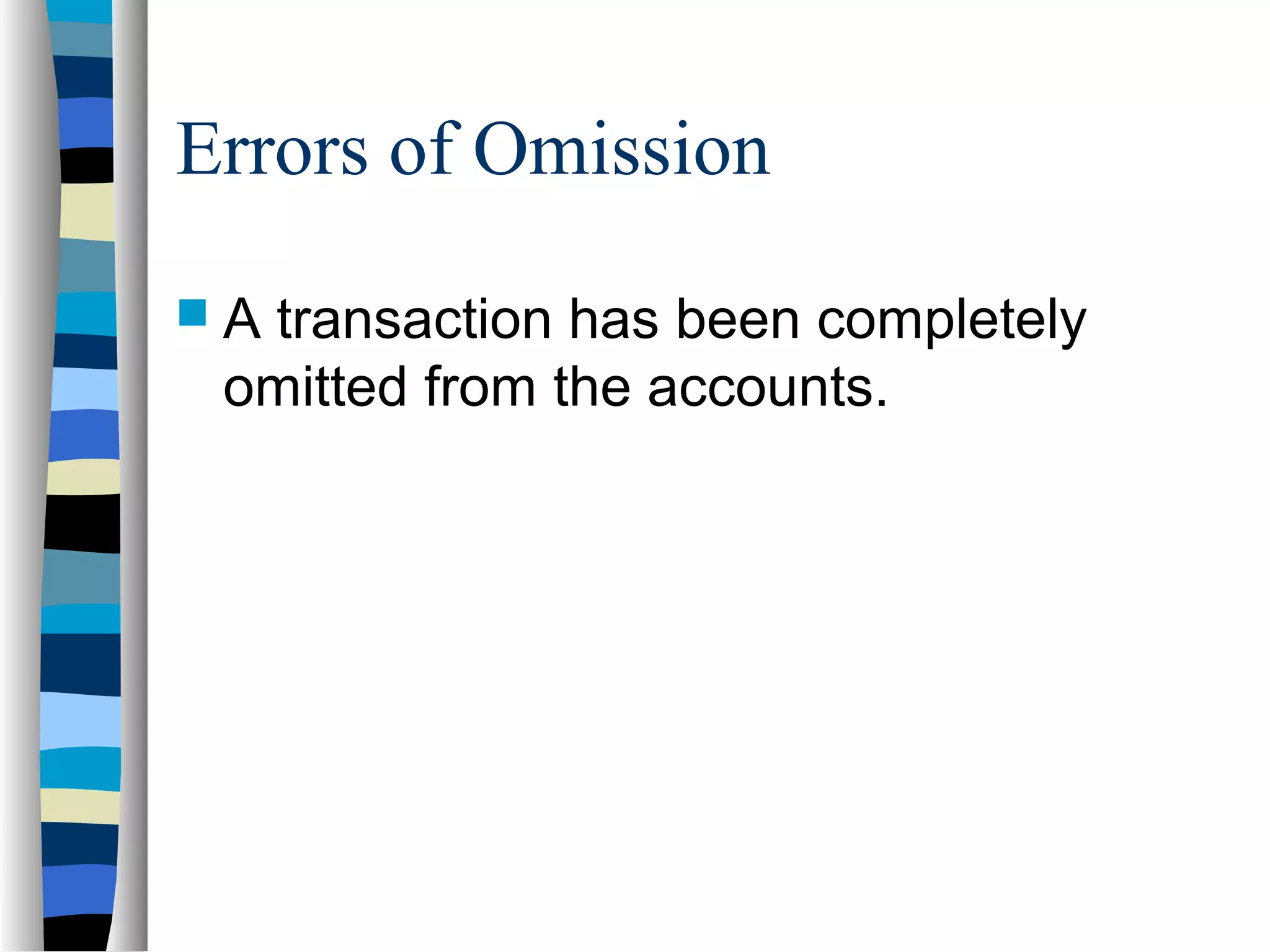 Errors of Omission
 A transaction has been completely
omitted from the accounts.
 